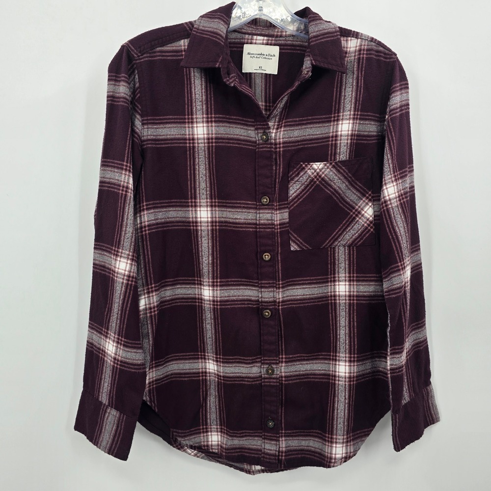 Abercrombie & Fitch Womens XS Burgundy Plaid Flannel Button‎ Down Shirt Soft A&F